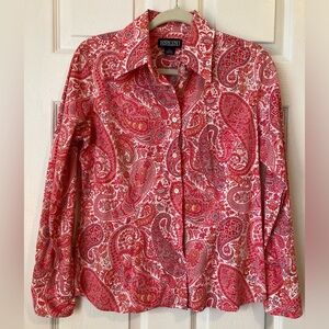 Lands End pink paisley blouse, button front.  Size 12, stretch poplin.